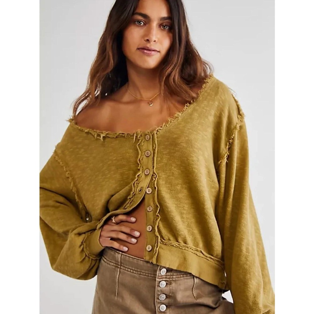 We The Free People Golden Road Cardigan S Boho Frayed Hem Curly Willow Green NWT